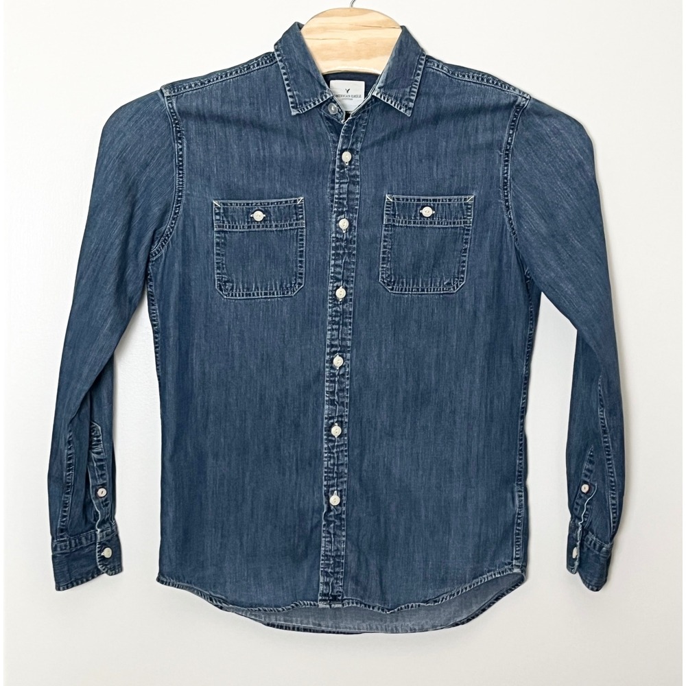 American Eagle Denim Shirt Men's Medium Blue Button‎ Down Rodeo Medium Wash Farm